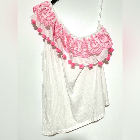 Lilly Pulitzer Idara Resort White Pink Pom Pon One Shoulder Top Ruffle XL - Picture 3 of 7